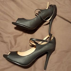 Leather Black open Toe High Heel Shoe